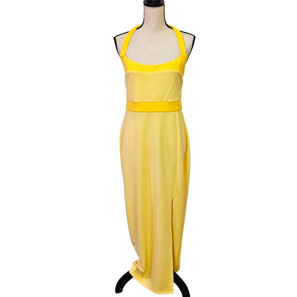 Here Comes The Sun Elegant Yellow Halter Dress with Front Side Slit,X-Large